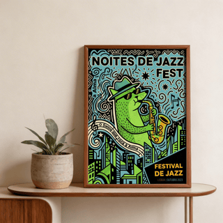 Framed Lisbon Jazz Poster of a green cat playing saxophone with blue and black cityscape on a wooden table