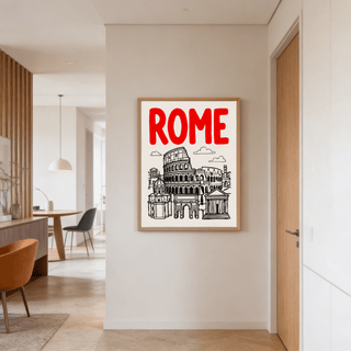 Print on a wall of Rome City Art Print with red and black minimalist line-art in a dining area