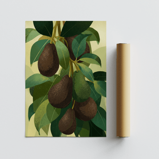 Avocado wall art print laid flat with hanging avocados in green and brown tones next to a brown packaging tube
