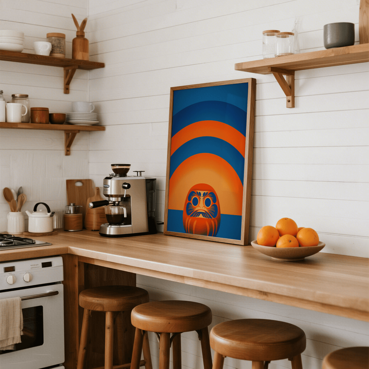 Daruma Doll wall art leaning on a kitchen counter with wooden stools and a bowl of oranges