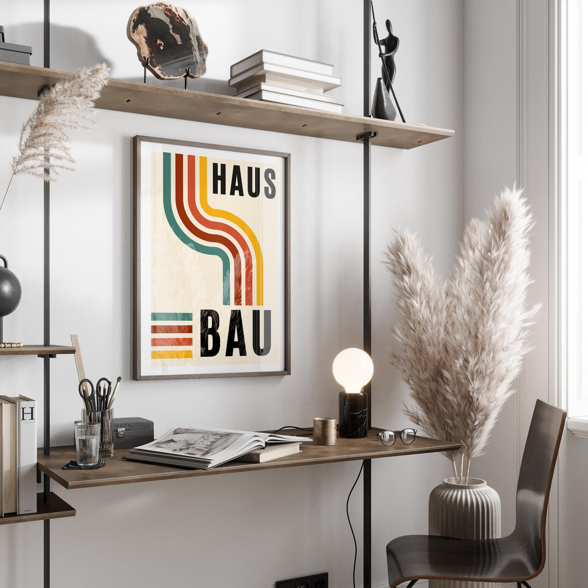 Artwork for the Office hanging above a wooden desk with retro curved lines in warm tones in a light room