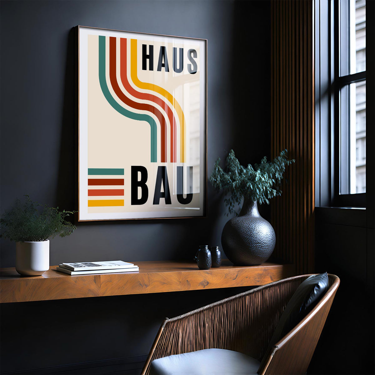 Artwork for the Office wall art with retro curved lines in muted green red and yellow hanging above a wooden shelf in a dark room