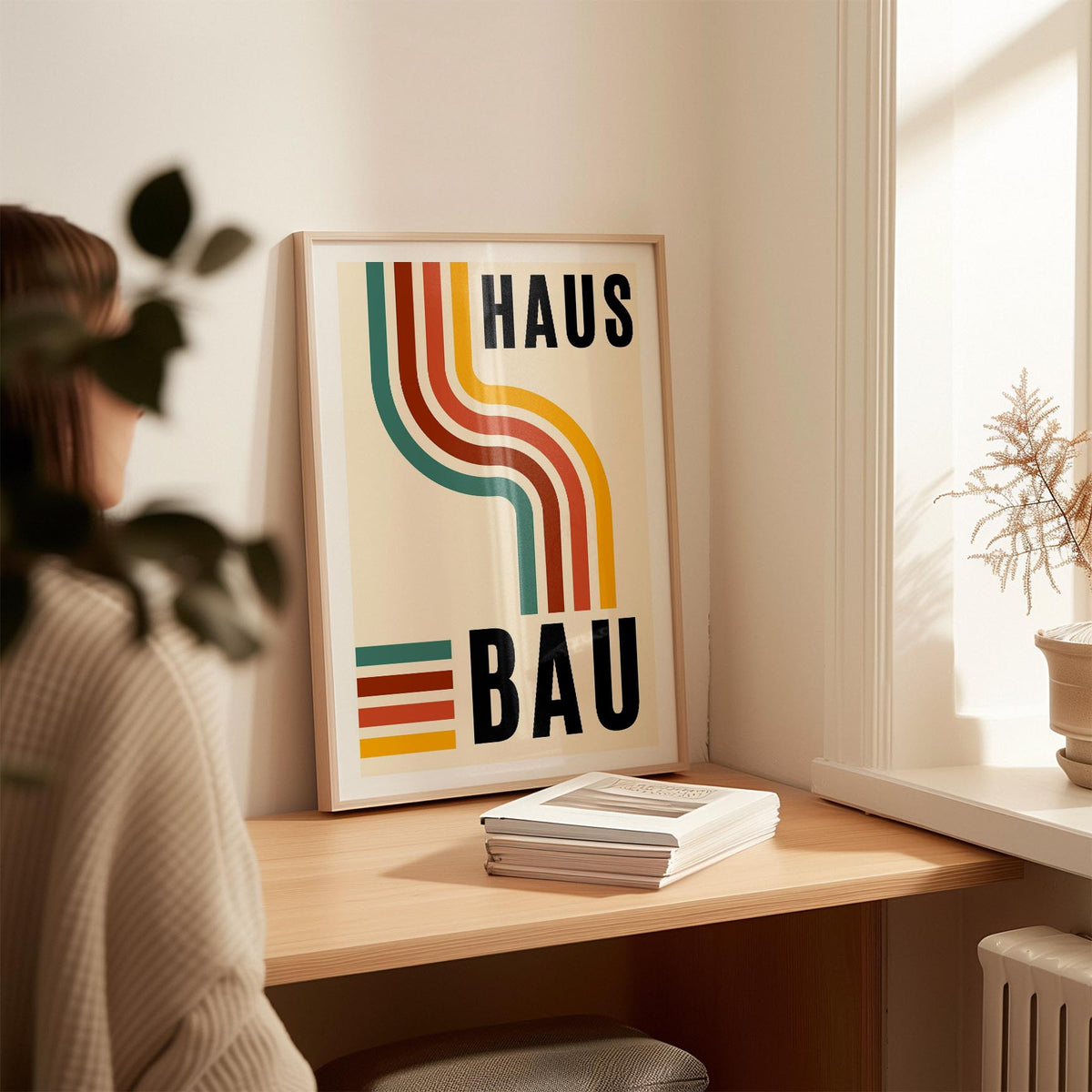 Artwork for the Office leaning on a desk with retro curved lines in muted green rust and ochre beside a potted plant