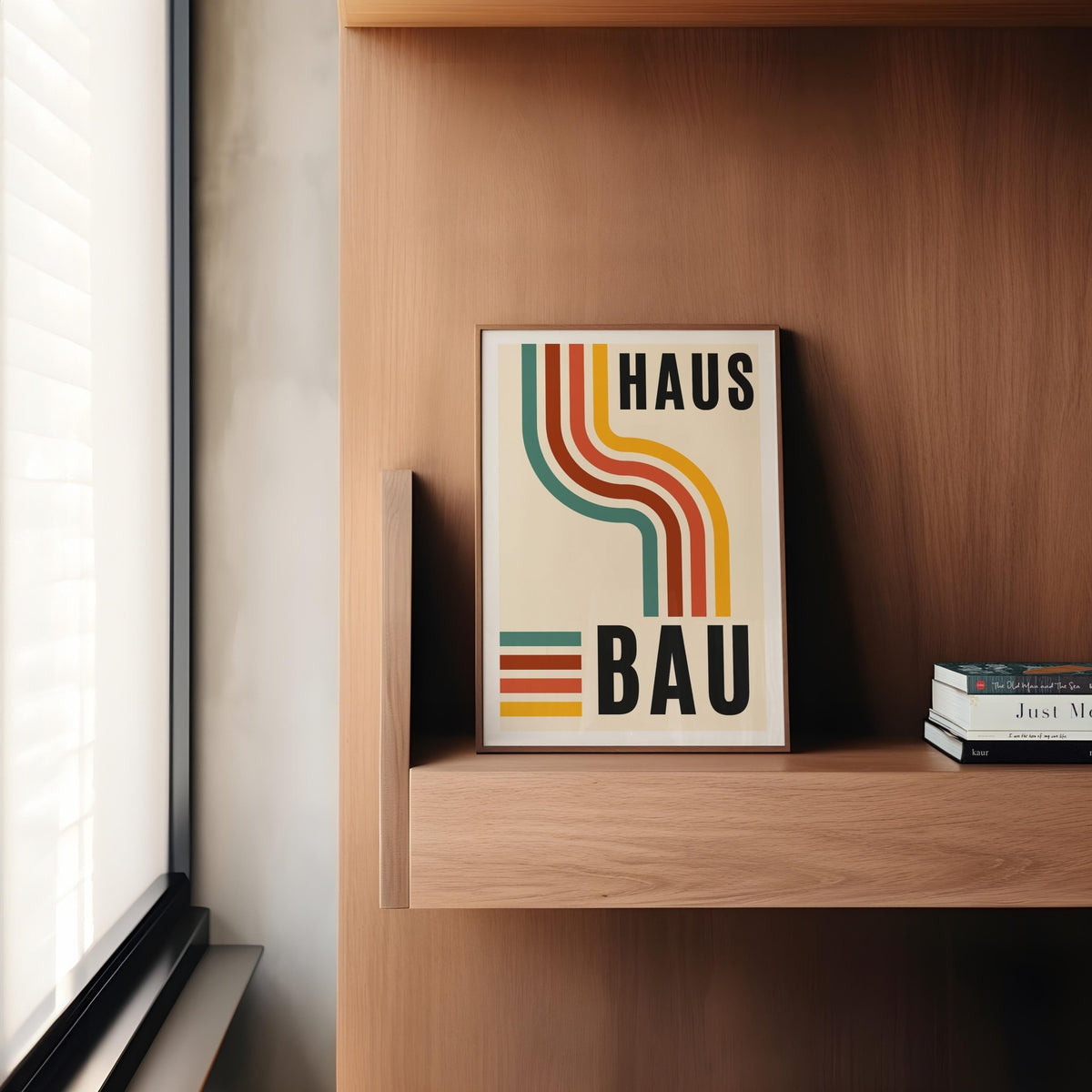 Artwork for the Office print with retro curved lines in green, orange and yellow leaning on a wooden shelf with books