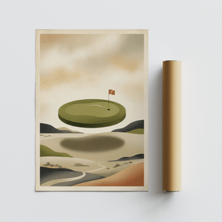 Abstract golf wall art showing a floating green with flag 7 and a rolled packaging tube