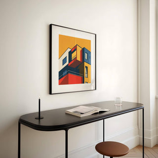 Posters for Office Space framed print of a minimalist modern building facade above a black desk with a book and glass