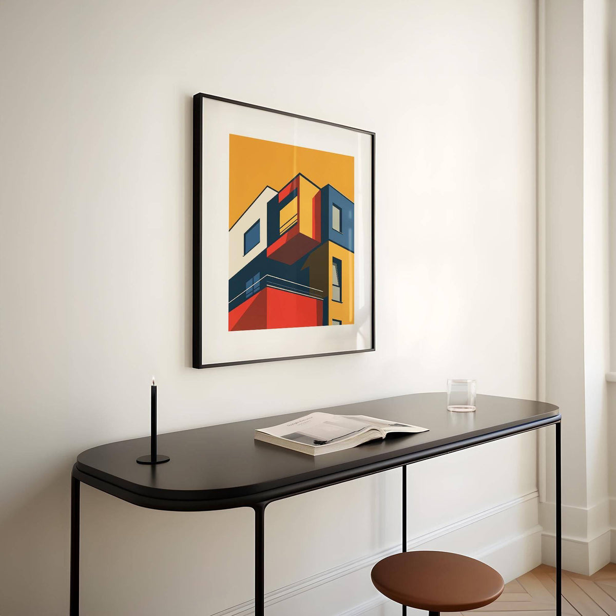Posters for Office Space framed print of a minimalist modern building facade above a black desk with a book and glass