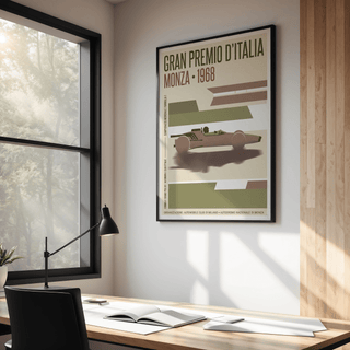 Monza Grand Prix Poster hanging above a desk with a lamp minimalist design in green and brown shades