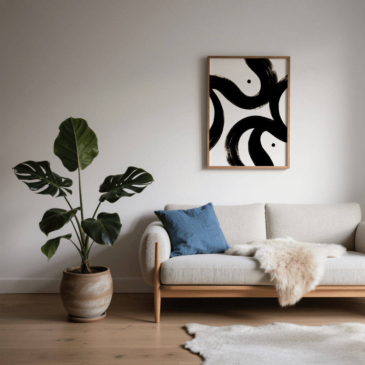 Black and White Posters hung above a beige sofa with a blue cushion and large plant beside it