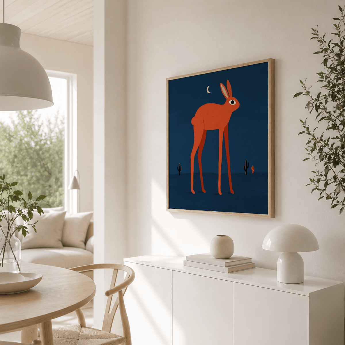 Print on a wall of the orange rabbit wall art with minimalist style in a bright dining room