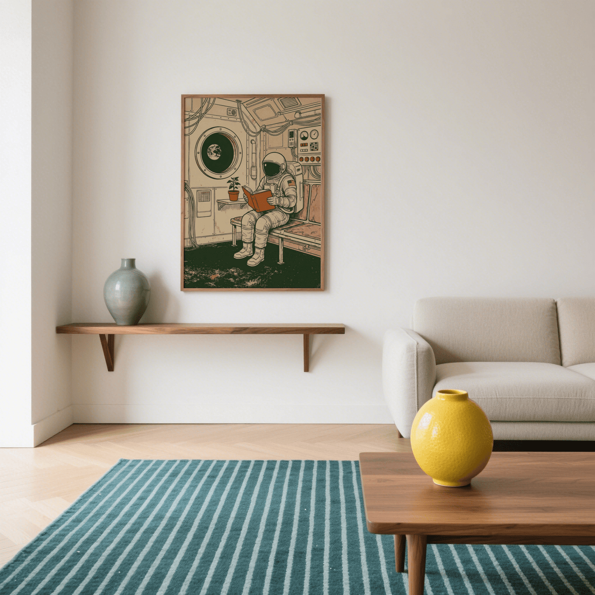 Reading Astronaut Poster on a wall above wood shelf with a green vase in a minimalist living room