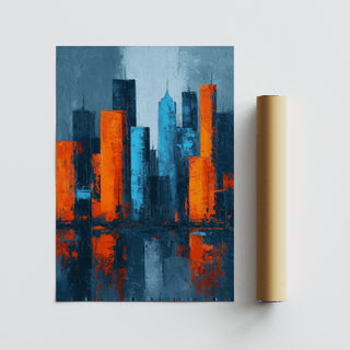 Abstract City Poster with orange and blue abstract city skyline leaning next to a packaging tube