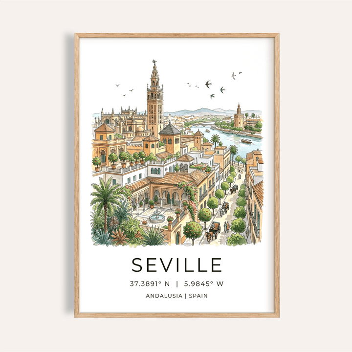 Seville art print showing an illustrated cityscape with beige buildings and green trees in a wooden frame