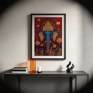 Vibrant Buddha wall art of an elephant head with gold and blue floral motifs above a console table with an orange vase