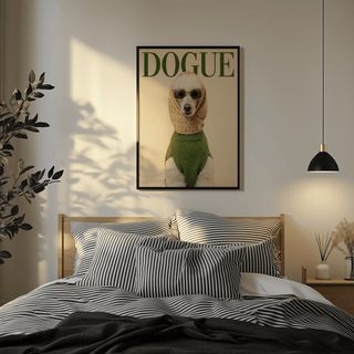 Fashion Poodle wall art above bed with green sweater and scarf in bedroom with plant