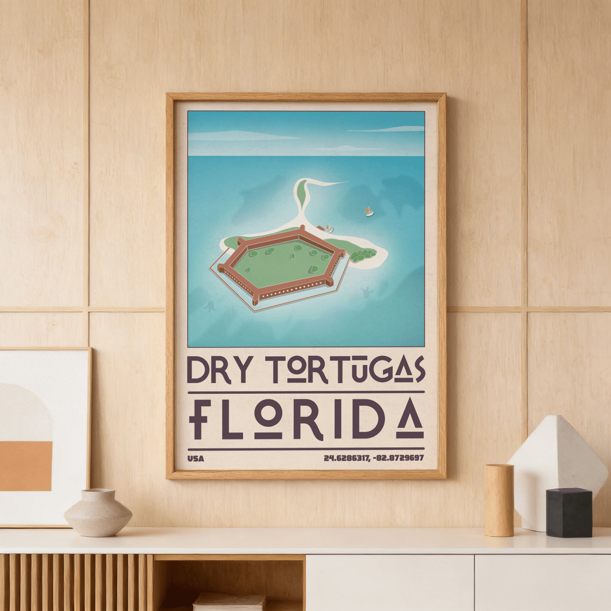Dry Tortugas National Park Print framed print on a wooden wall with minimalist decor on a cabinet
