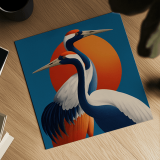 Close-up of large birds wall art featuring two red-crowned cranes with bold blue and orange colours on a wooden table