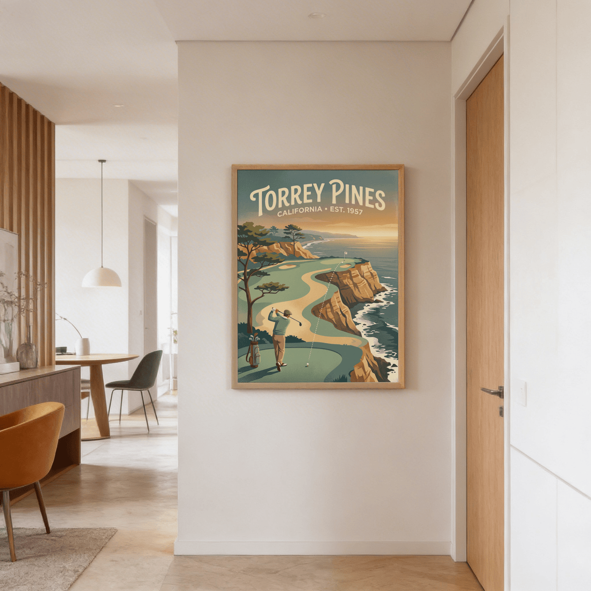 Clifftop Golf wall art of a vintage style golfer on a cliff course hanging in a hallway