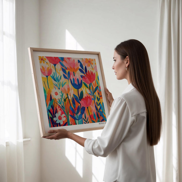 Framed Matisse Exhibition Poster held in hands showing colourful minimalist floral illustration
