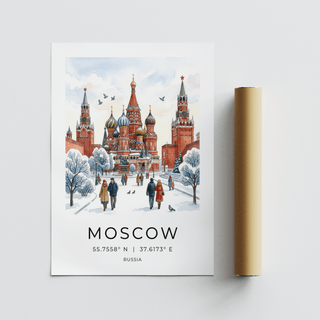 Moscow City Art Print laid flat beside a brown packaging tube with a winter scene