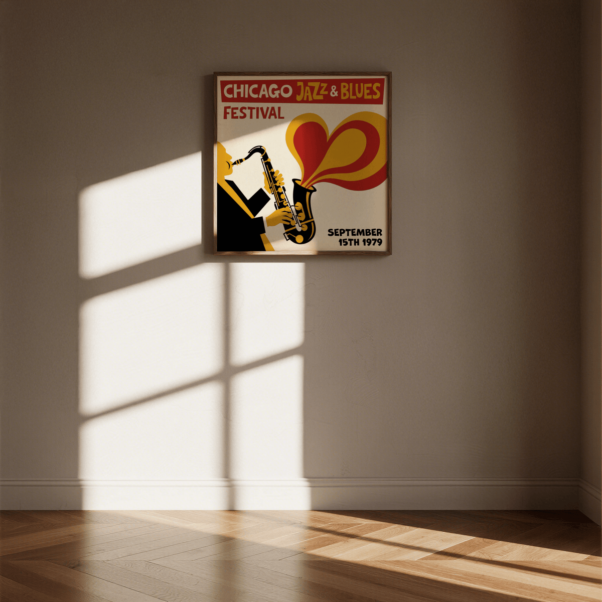 Chicago Blues Poster framed print on a wall with sunlight casting shadows on a wooden floor