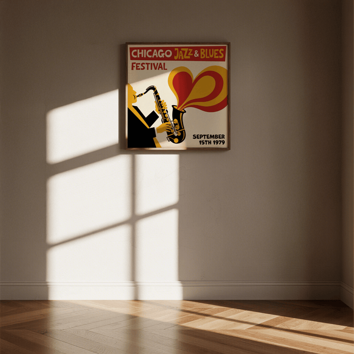 Chicago Blues Poster framed print on a wall with sunlight casting shadows on a wooden floor