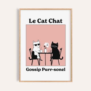 Framed Funny Cat Artwork showing two cats with sunglasses and glasses at a table with a flower on a pink background