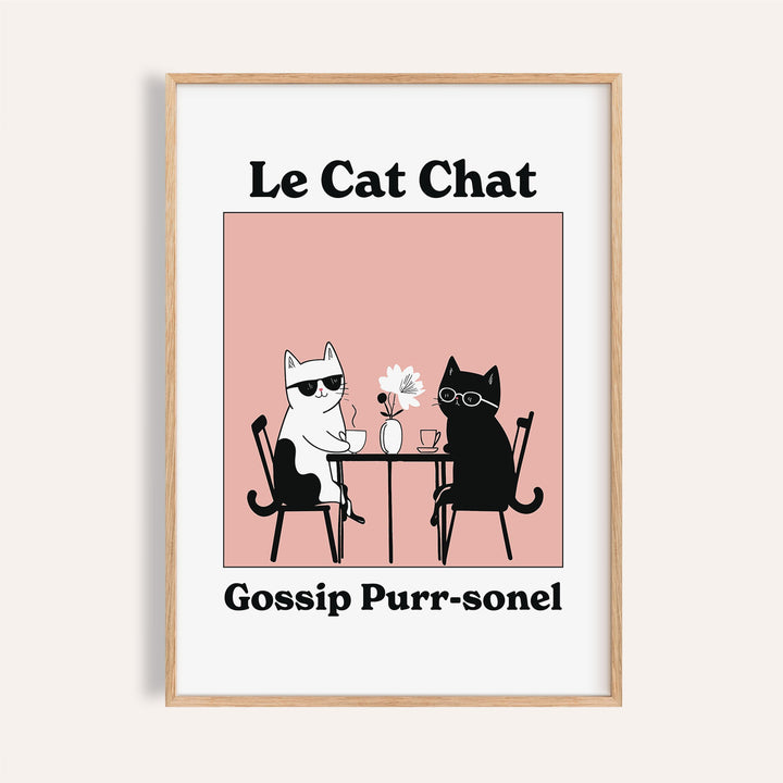 Framed Funny Cat Artwork showing two cats with sunglasses and glasses at a table with a flower on a pink background