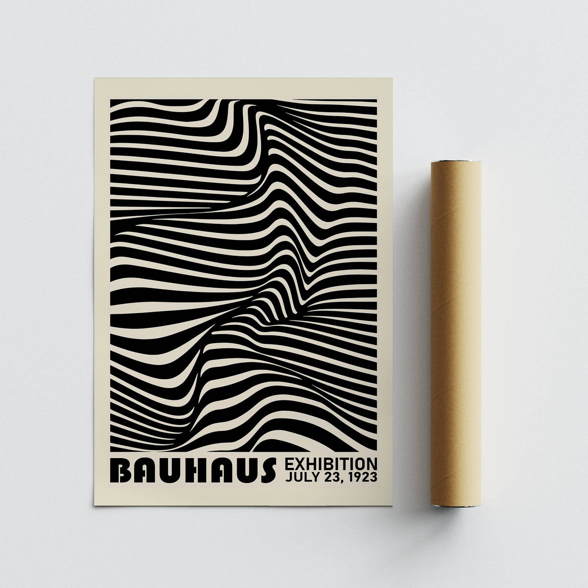 Black Minimalist wall art showing an abstract black and white optical illusion with a tubing tube beside it