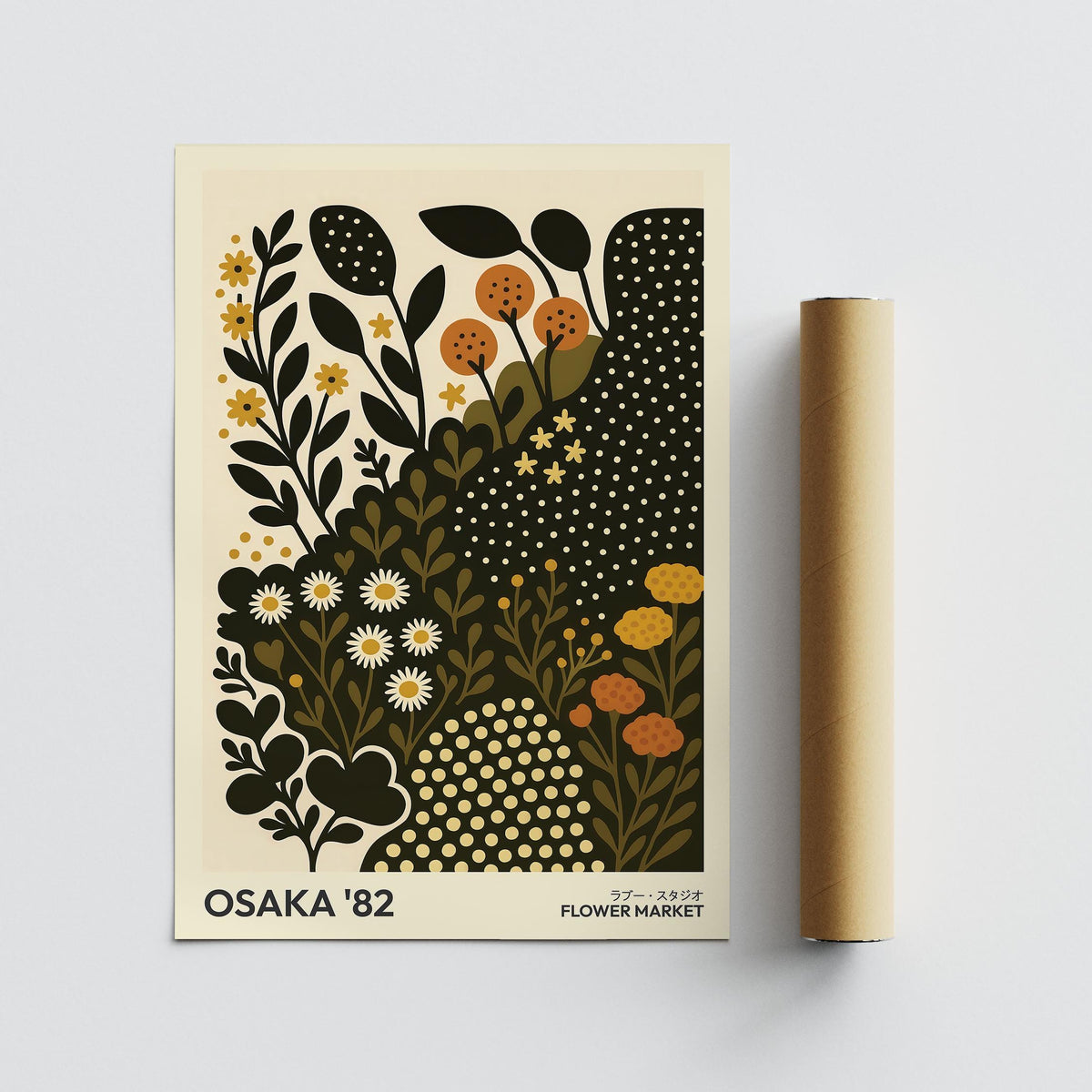 Daisy art print laid flat beside a packaging tube showcasing daisy flowers and foliage in muted earth tones