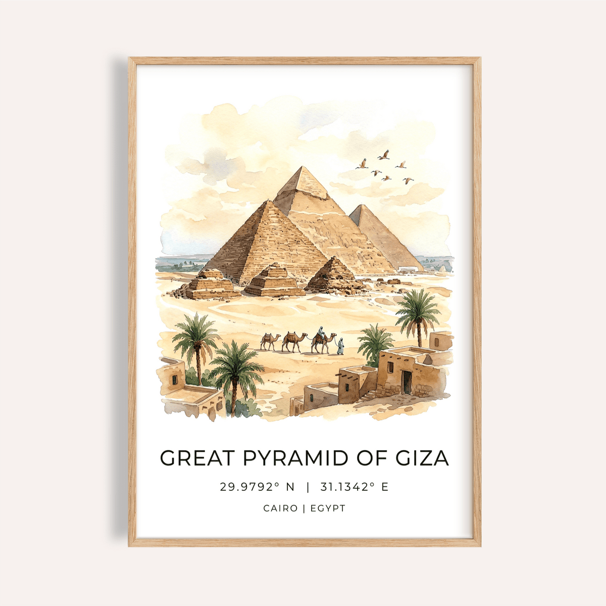 Framed Giza Pyramid wall art showing pyramids with camels and palm trees in watercolour style