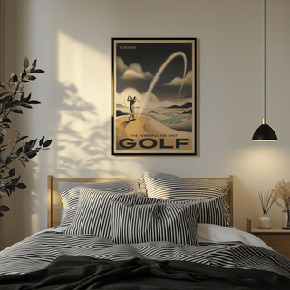 Golf Tee Shot Art Print above a bed with striped bedding in a softly lit bedroom