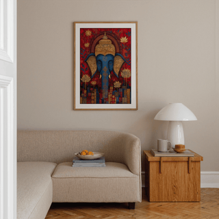 Vibrant Buddha wall art with blue and gold elephant head above sofa and beside side table lamp