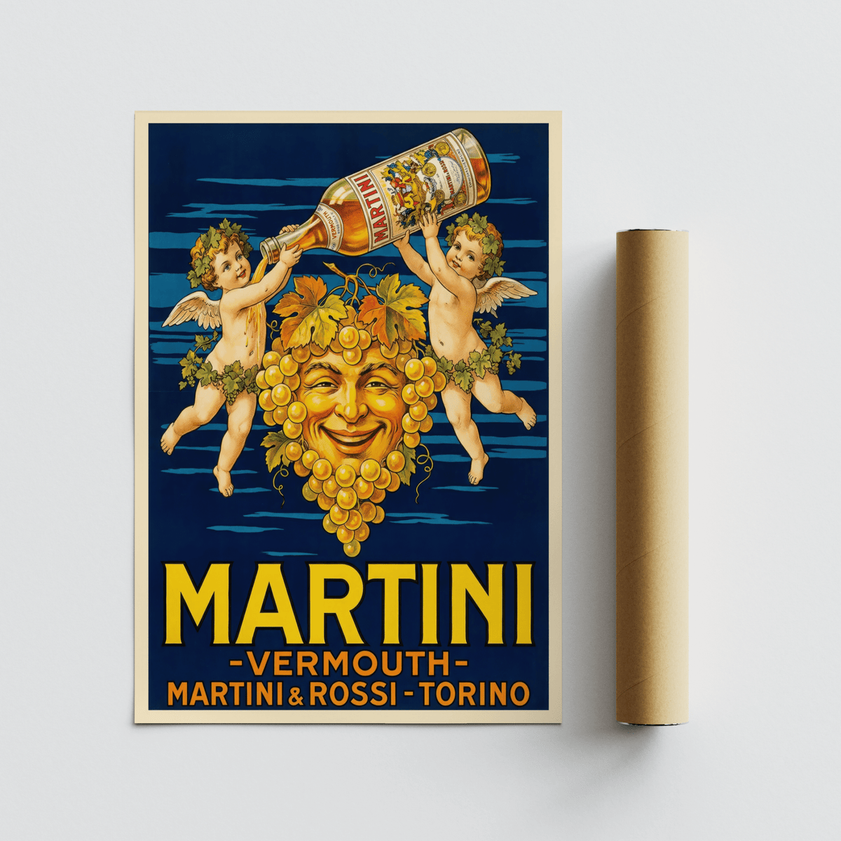 Vintage Vermouth Poster laid flat with a packaging tube showing grape face and cherubs in yellow and blue