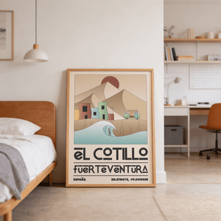 El Cotillo Surfing Poster print leaning on floor showing minimalist surfer in wave with earthy colours in a bedroom