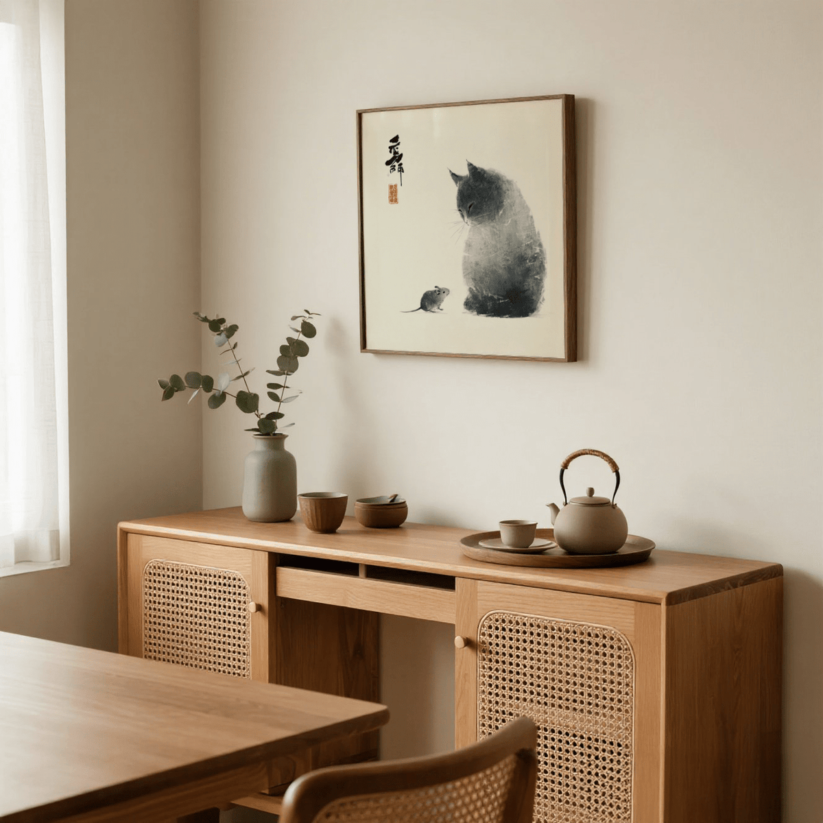 Cat And Mouse wall art in Japanese ink style above a wooden sideboard with teapot in a dining room