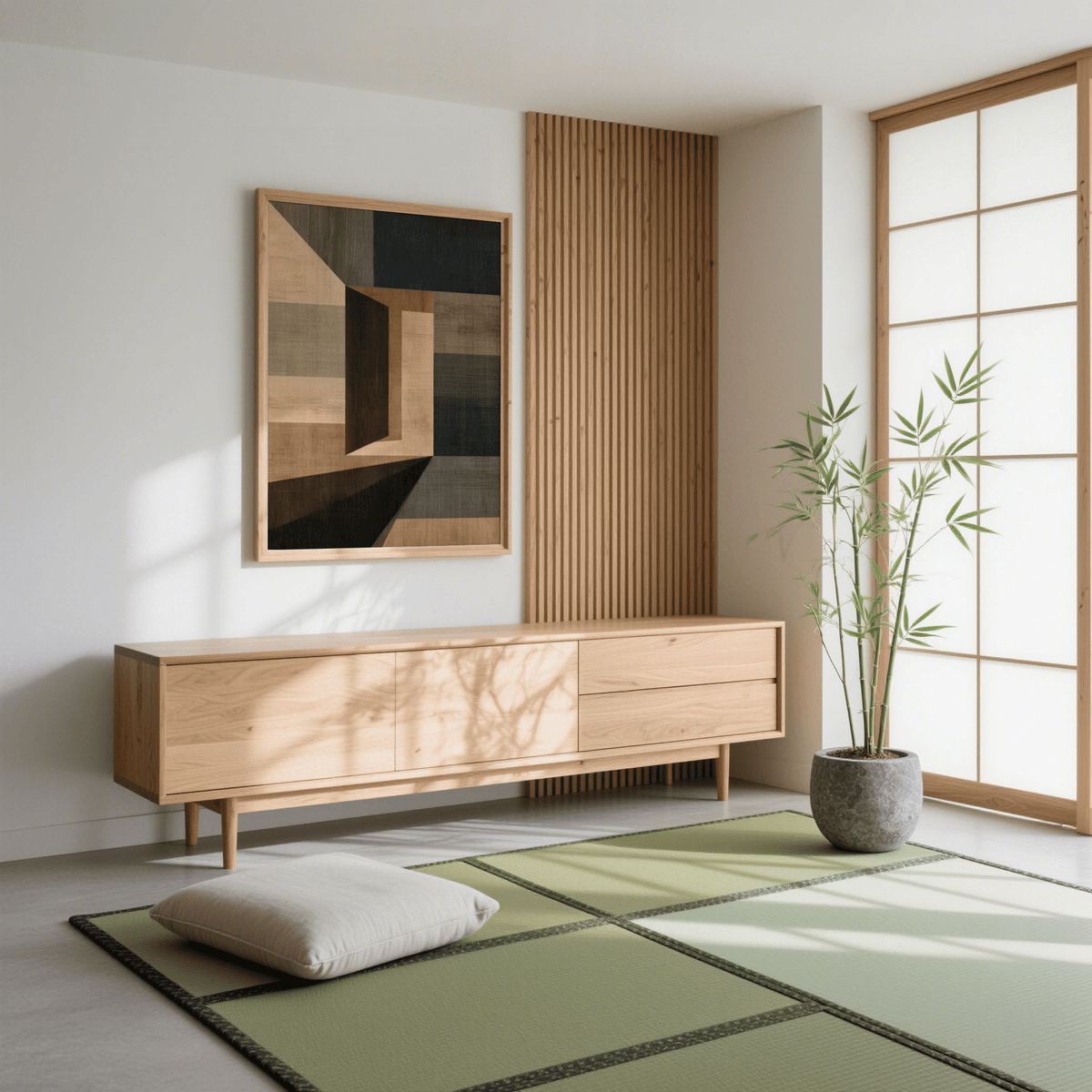 Abstract geometric wall art with beige and dark shapes above a wooden sideboard in a minimalist room