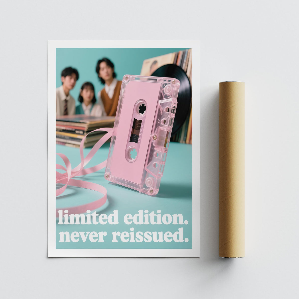 Poster Vintage Music showing a pink audio cassette tape with ribbon and text beside a packaging tube