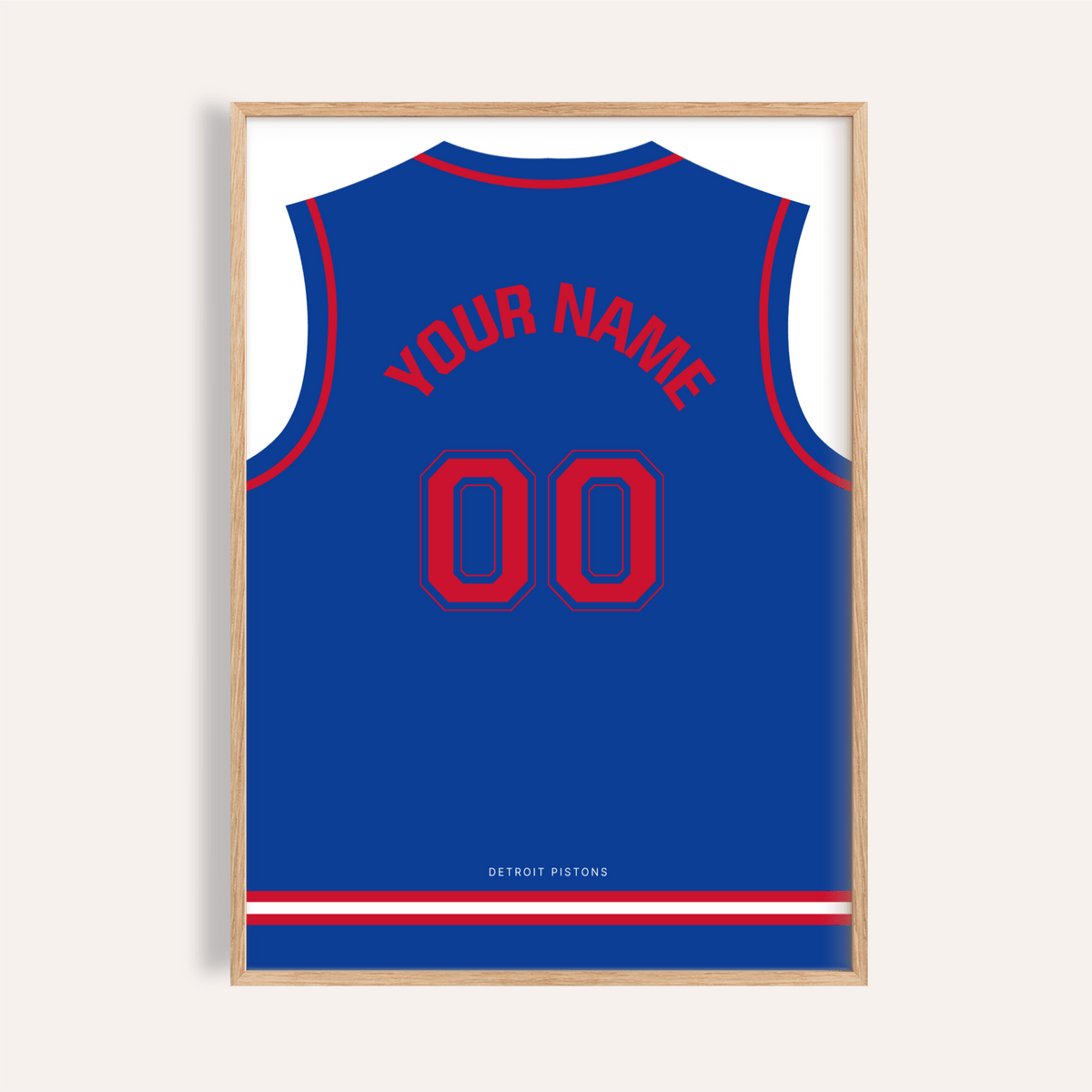 Framed Basketball Jersey Poster in Blue with Red Number with text Your Name and number 00 in red