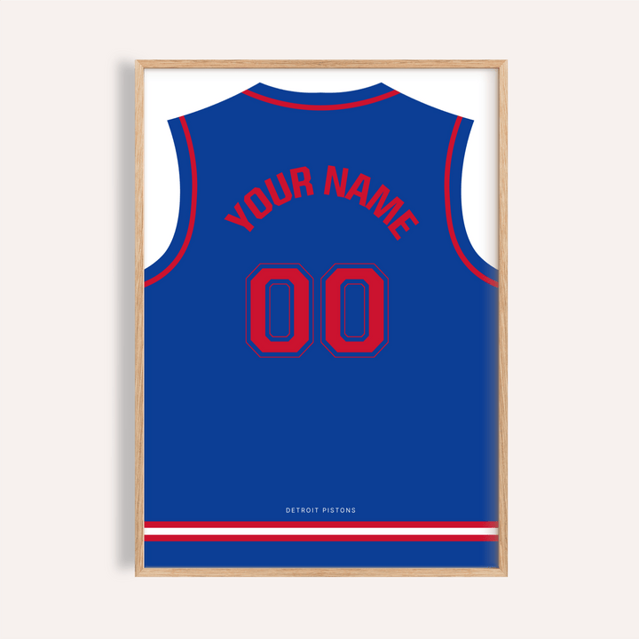 Framed Basketball Jersey Poster in Blue with Red Number with text Your Name and number 00 in red