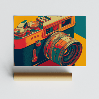 Vintage Camera wall art of a retro camera in bold orange, red and teal colours with a packaging tube