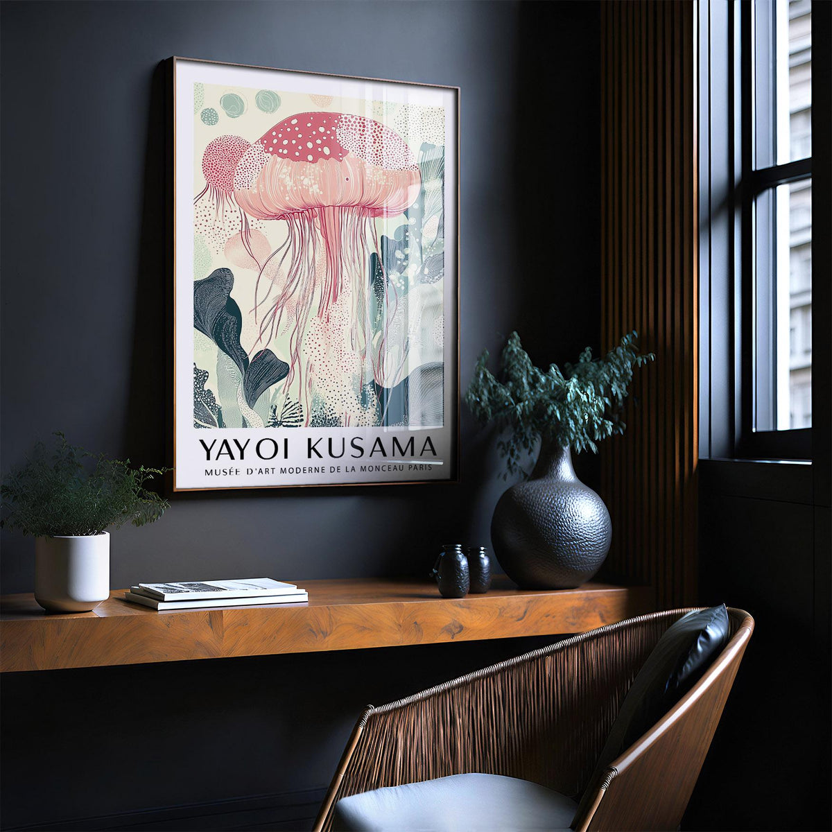 Sea Animal wall art of a pink jellyfish illustration in soft pastel colours above a wooden shelf with books and plants