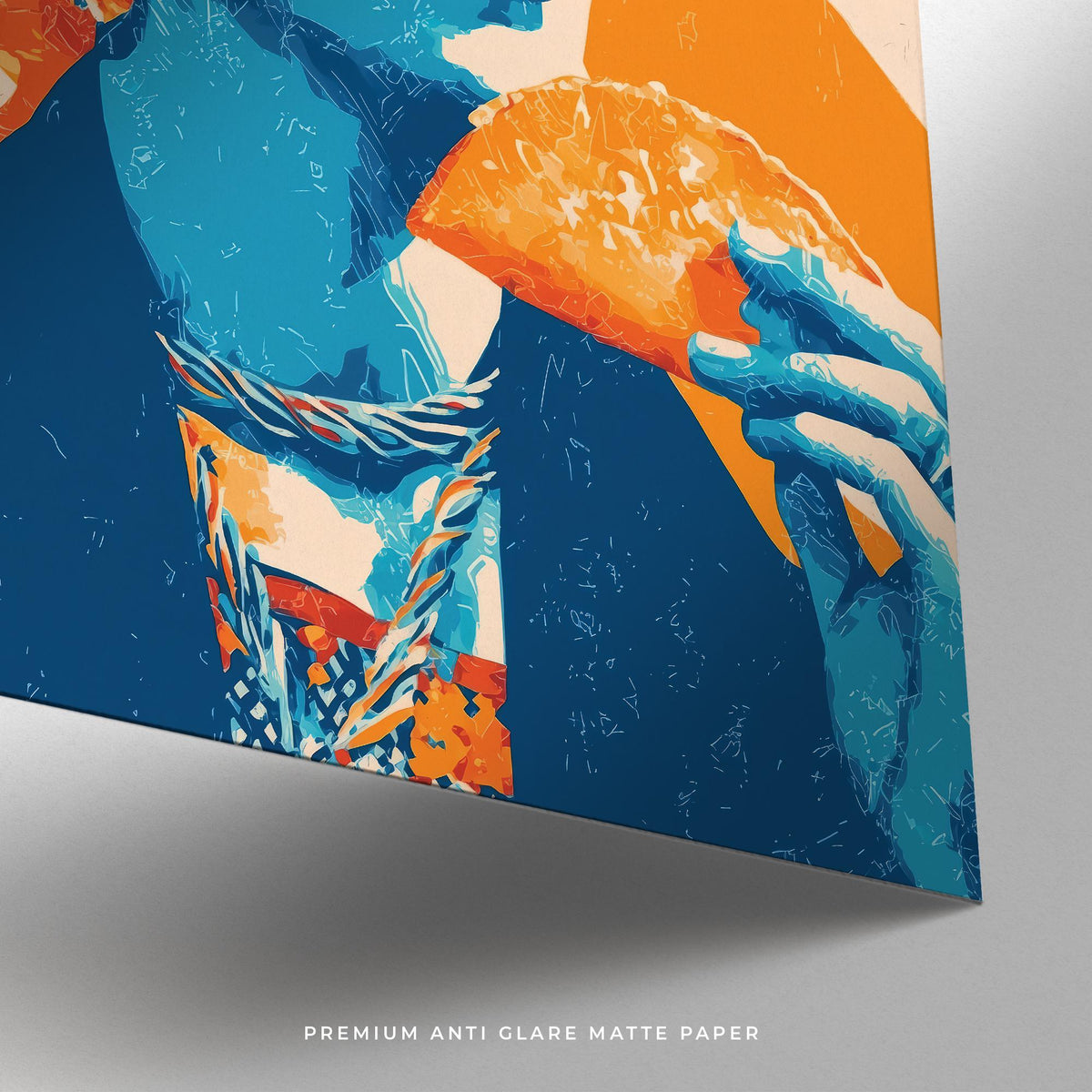 Close-up of taco print showing a woman holding an orange taco with blue and orange colours