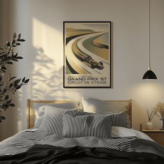 Vintage Racing Art Print on wall above bed with striped bedding and leafy plant nearby