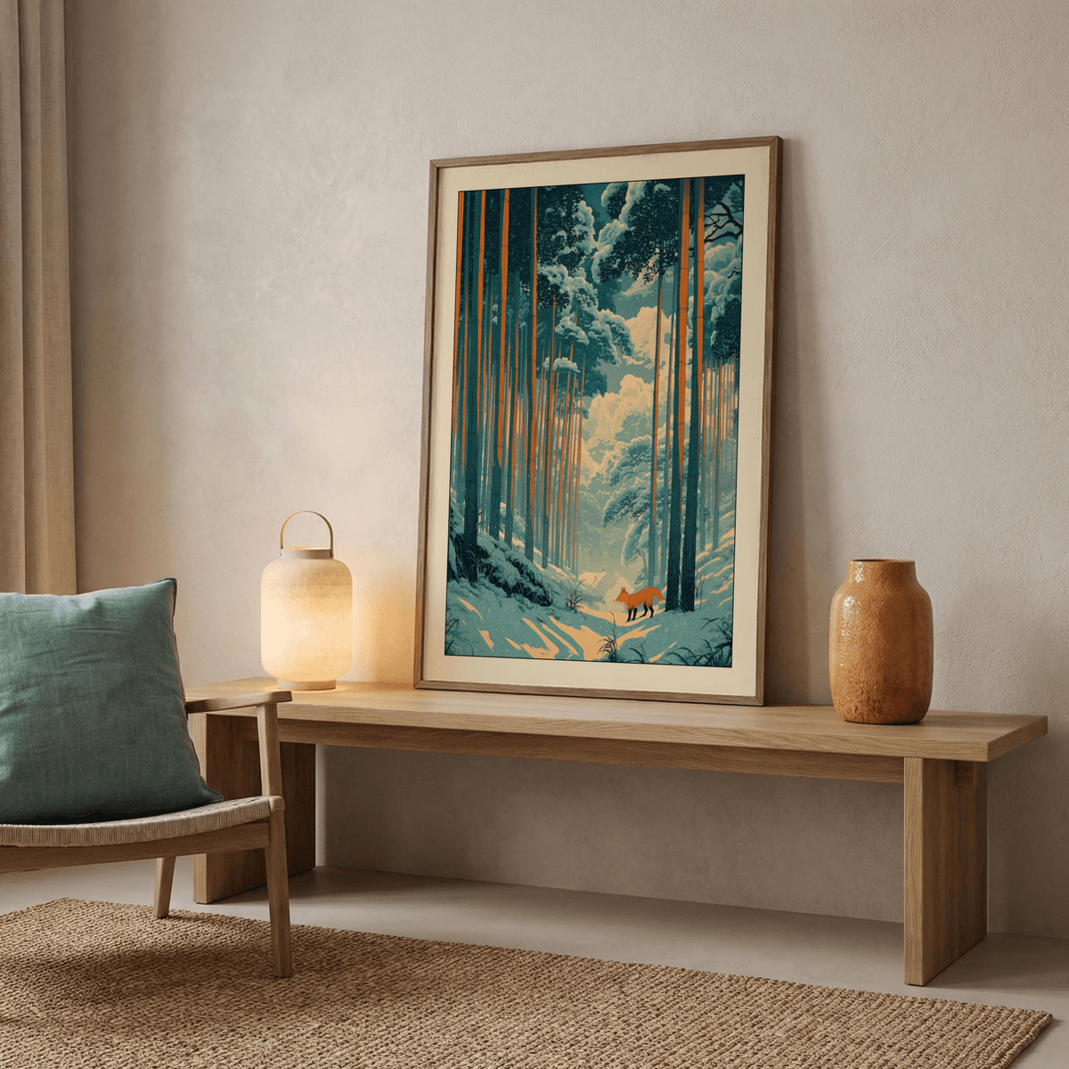 Print leaning on a bench of a red fox in a snowy forest with tall trees and blue shadows with a lamp nearby
