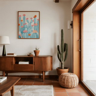 Cactus art print on a wall above a mid century sideboard with a lamp and books in a living room