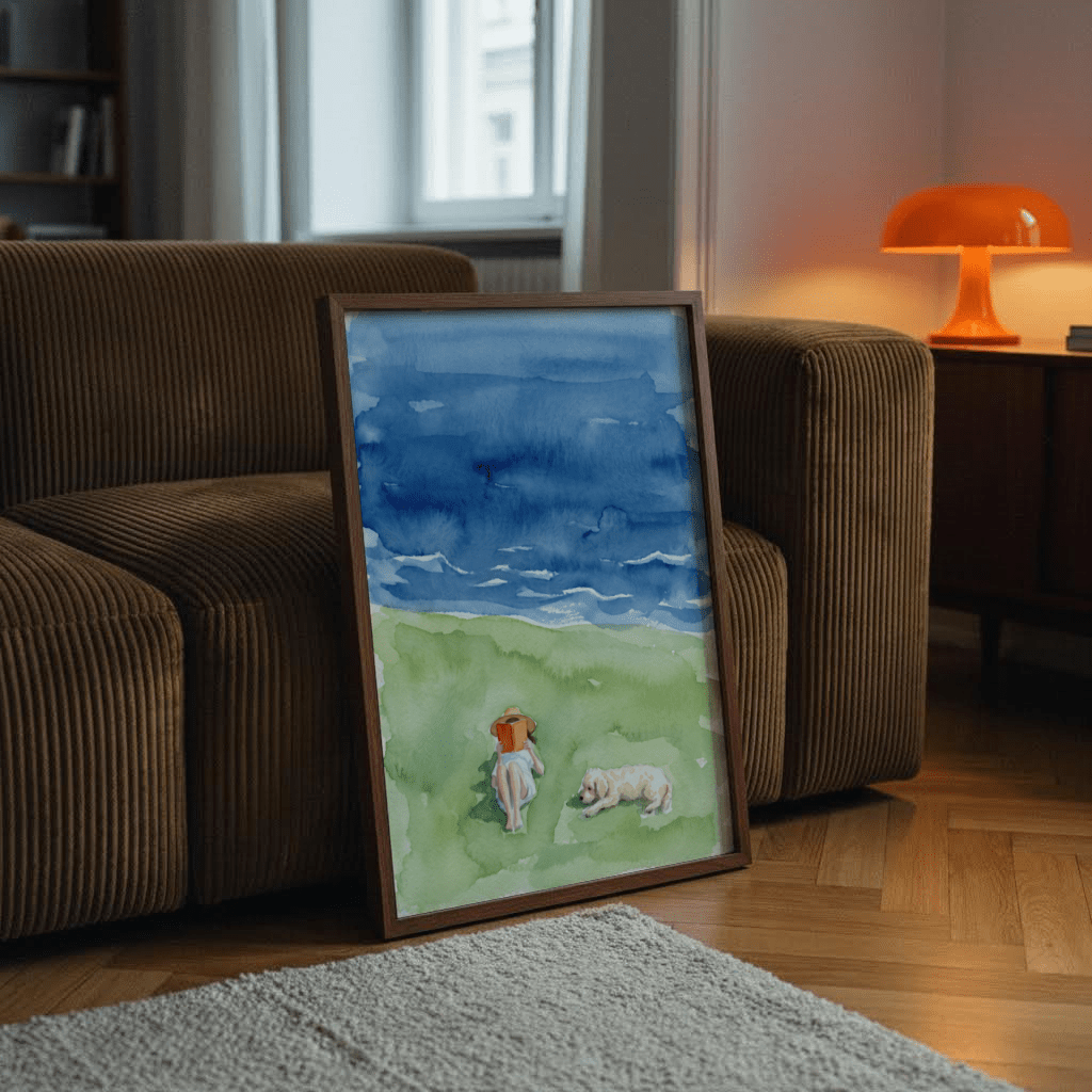 Print leaning on floor with reading by the sea artwork in watercolour showing person reading with dog and a green sofa