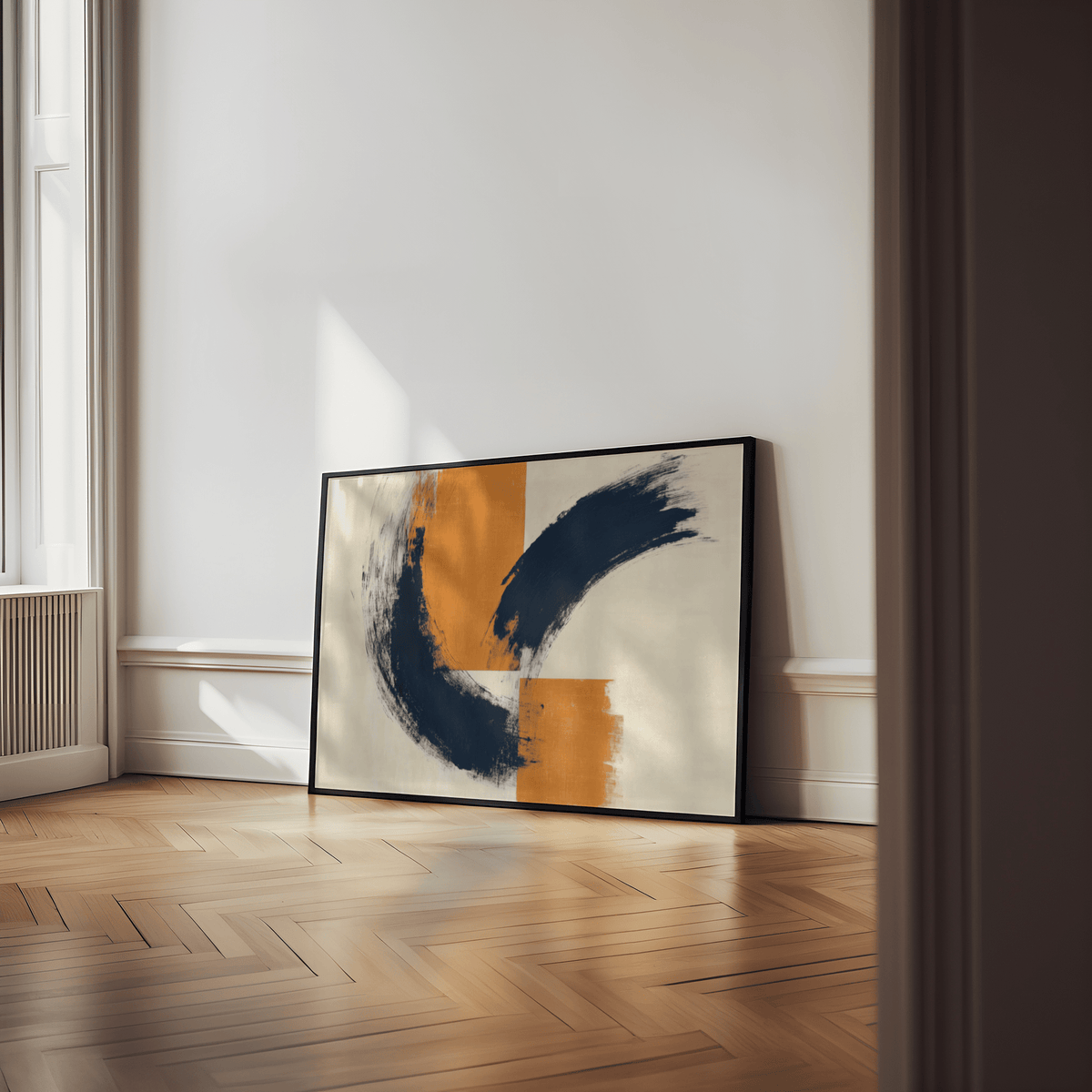 Print leaning on a floor with parquet pattern showing abstract blue and orange brush strokes