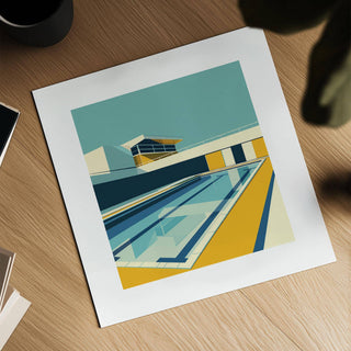 Minimalistic Art close-up of a swimming pool artwork with yellow and blue tones on a wooden table