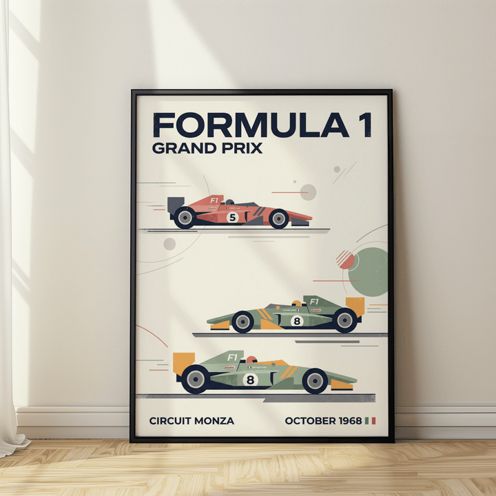 Close-up of top red racing car and clean sans-serif headline on vintage motorsport print